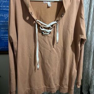 Flirtitude Tan Tie Front Hoodie Relaxed Fit